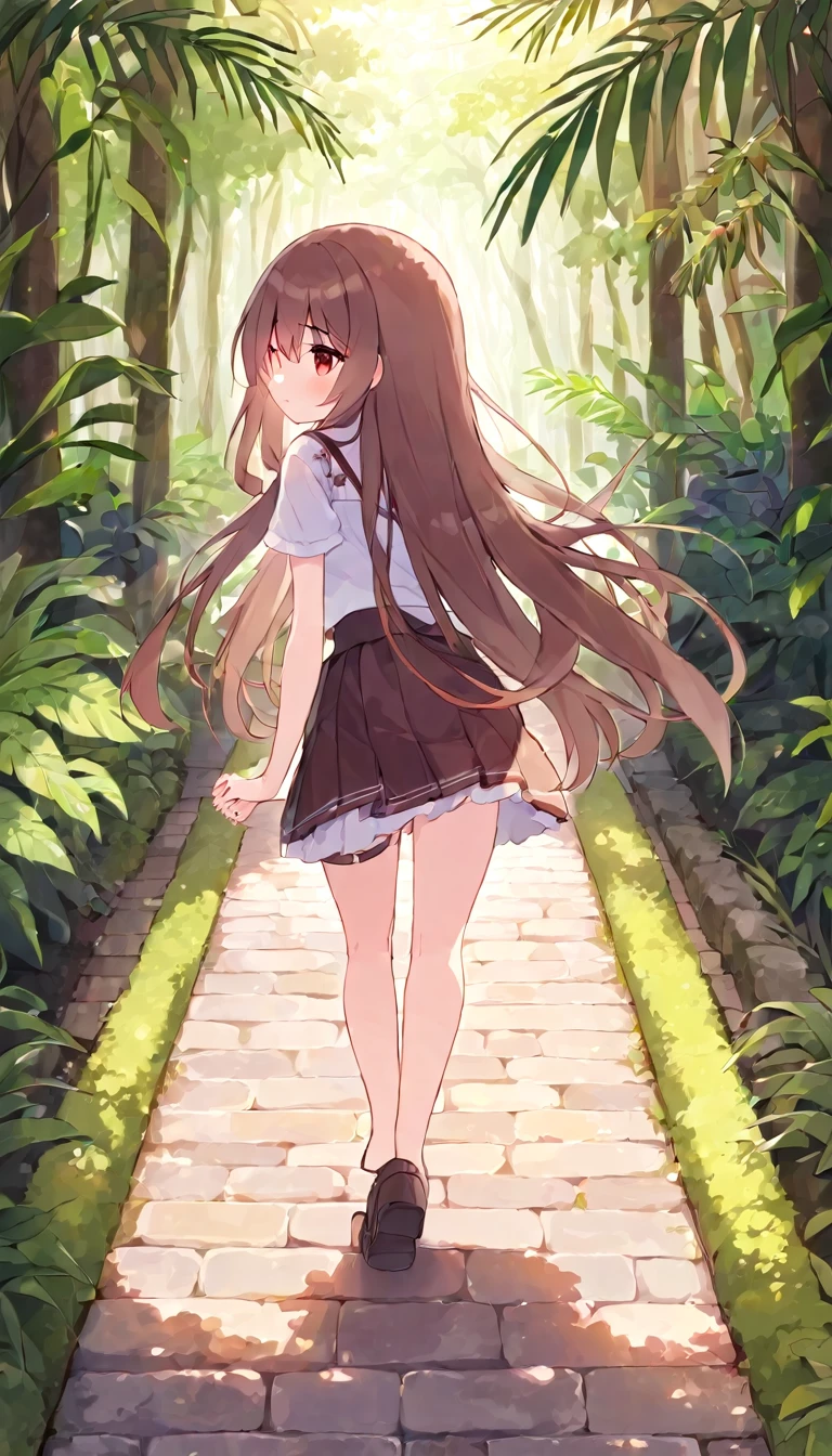 masterpiece, Highest quality,Side Shot、Cute doodles,One Girl,Cute face, Red cheeks and nose, , Brown Hair, Silky long hair, White T-shirt, Gingham check culottes skirt, The straps of her black camisole are visible.,Navel, Very short stature,Hands Behind Back, Walking,Rainforest Garden Walkway, Dark green, Cobblestone promenade, The background is blurred