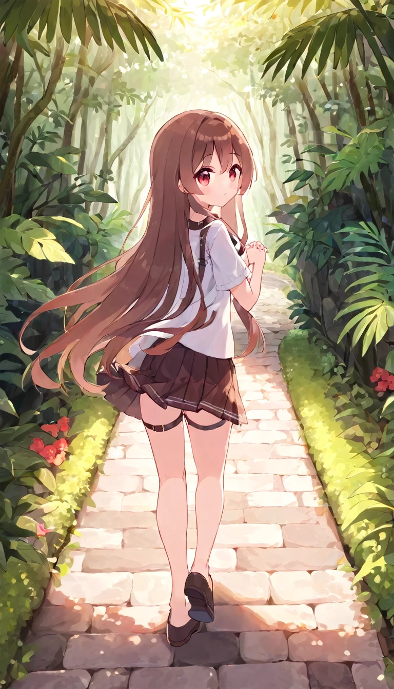 masterpiece, Highest quality，Side Shot、Cute doodles，One Girl，Cute face, Red cheeks and nose, , Brown Hair, Silky long hair, White T-shirt, Gingham check culottes skirt, The straps of her black camisole are visible.，Navel, Very short stature，Hands Behind Back, Walking，Rainforest Garden Walkway, Dark green, Cobblestone promenade, The background is blurred