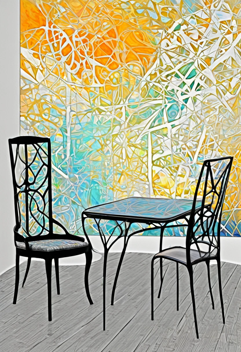 a painting of a painting of a chair and a table, abstract digital art, the nonlinear. digital painting, abstract painting. 8k, digital mixed media painting, digital art picture, spiritual abstract forms, abstracted, digital art - n 9, digital art - n 5, digital art - w 0, artistic abstarct, digital art hi