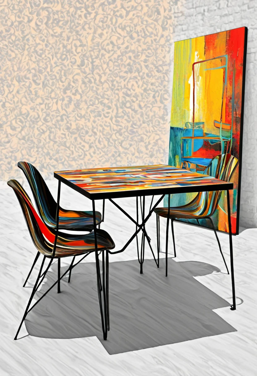 a painting of a painting of a chair and a table, abstract digital art, the nonlinear. digital painting, abstract painting. 8k, digital mixed media painting, digital art picture, spiritual abstract forms, abstracted, digital art - n 9, digital art - n 5, digital art - w 0, artistic abstarct, digital art hi