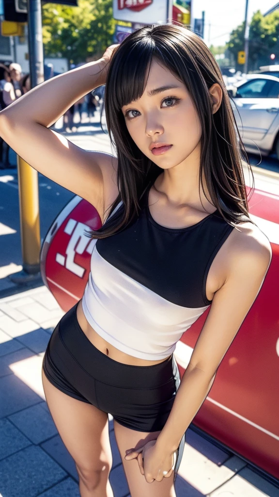 (8K, RAW photo, highest quality, masterpiece: 1.2), high quality RAW color photo, professional photography, cinematic light, alone, (((-yeld gi))), (raising arms, showing armpits) :1.3), (Very slim: 1.4), (Sharp features), (Small face), (Detailed skin: 1.2), Clavicle, Cute face, Beautiful figure, Girl turning around, (Black hair, long) Straight line ), tank tops, panties, sneakers, backpacks, confident attitude, capturing happy moments, charming thighs, (very nice to the touch: 1.2), peaceful atmosphere, bright colors, (standing: 1.5, convenience store, full body portrait), smooth texture, staring eyes, beautiful skin, shiny skin, ((perfect fingers, five fingers, anatomically correct)), background blur, high quality, surreal, ((highly detailed, photography)), blush, black hair, medium-long hair