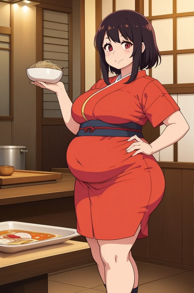 1woman, ramen chef, Japanese, cooking ramen, at a restaurant, Japanese clothes, fat, smiling, curvy,