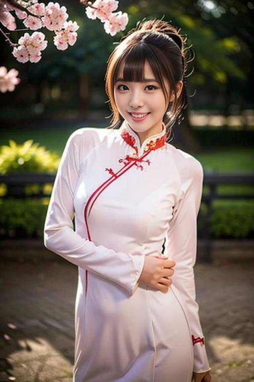 (a gorgeous lady, age 18, Vietnamese traditional dress Ao Dai, posing at Takada Castle Park Cherry Blossom, under night sky, friendly expression, dimpled smile, cute snaggle-tooth, short hair ponytail, beautiful detailed face, beautiful detailed eyes, ample round bosom, photorealistic, hyper-realism, high contrast, ultra HD, realistic skin textures, top image quality, top-quality, super high resolution, fine details, very meticulously, masterpiece, head to knees, the Cowboy shot, romantic stunning, bokeh night background)