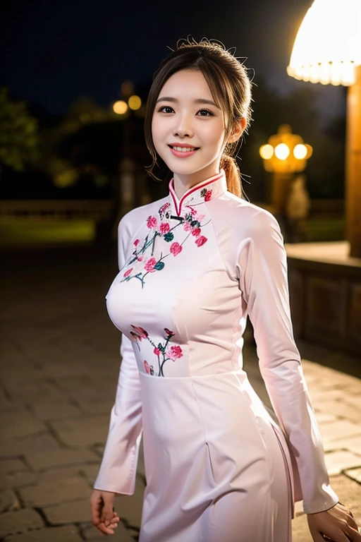 (a gorgeous lady, age 18, Vietnamese traditional dress Ao Dai, posing at Takada Castle Park Cherry Blossom, under night sky, friendly expression, dimpled smile, cute snaggle-tooth, short hair ponytail, beautiful detailed face, beautiful detailed eyes, ample round bosom, photorealistic, hyper-realism, high contrast, ultra HD, realistic skin textures, top image quality, top-quality, super high resolution, fine details, very meticulously, masterpiece, head to knees, the Cowboy shot, romantic stunning, bokeh night background)