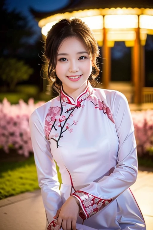 (a gorgeous lady, age 18, Vietnamese traditional dress Ao Dai, posing at Takada Castle Park Cherry Blossom, under night sky, friendly expression, dimpled smile, cute snaggle-tooth, short hair ponytail, beautiful detailed face, beautiful detailed eyes, ample round bosom, photorealistic, hyper-realism, high contrast, ultra HD, realistic skin textures, top image quality, top-quality, super high resolution, fine details, very meticulously, masterpiece, head to knees, the Cowboy shot, romantic stunning, bokeh night background)