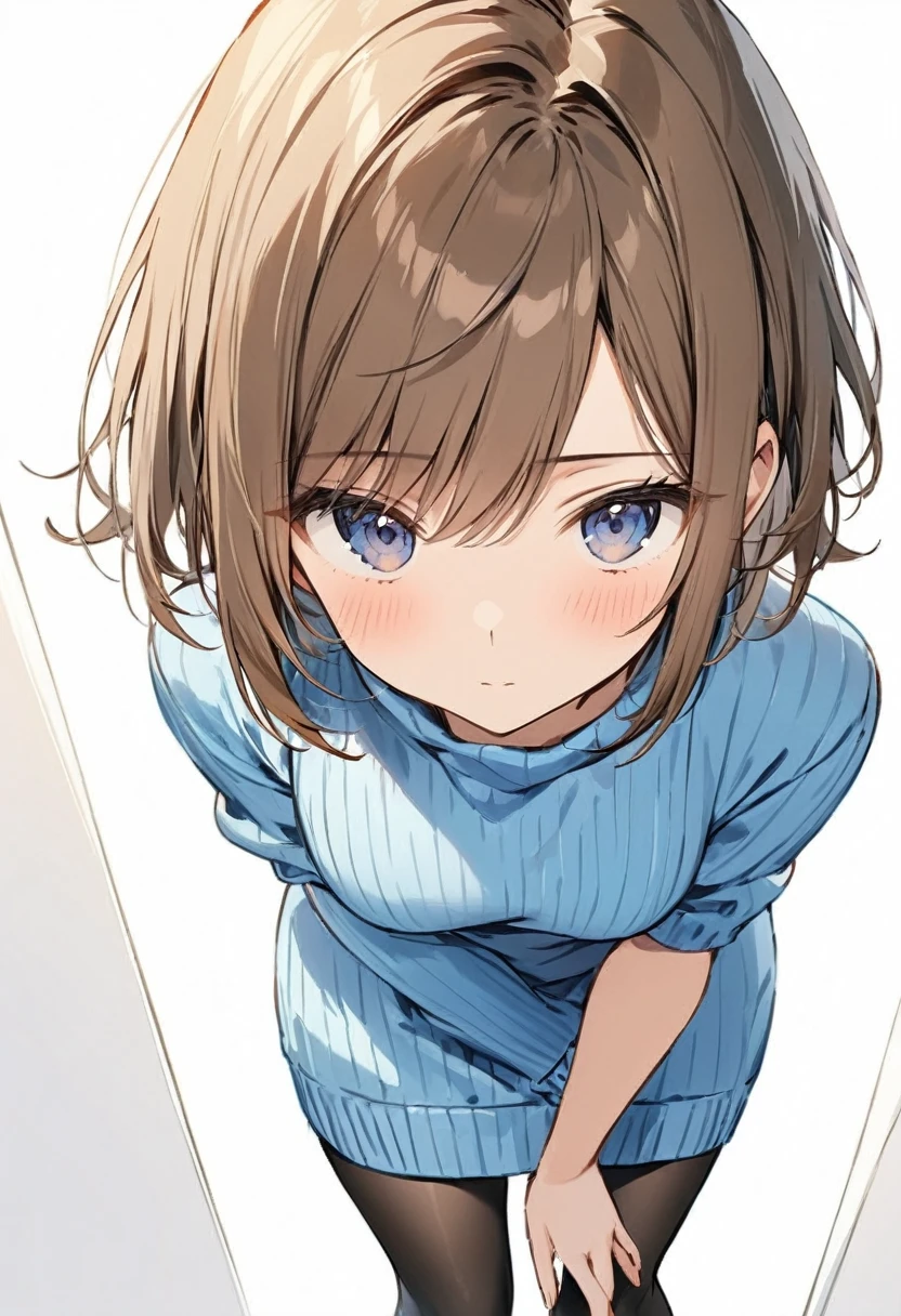 masterpiece, best quality, 1girl, solo, brown hair, short hair, blue sweater dress, black pantyhose, leaning forward, from above, no background, white background