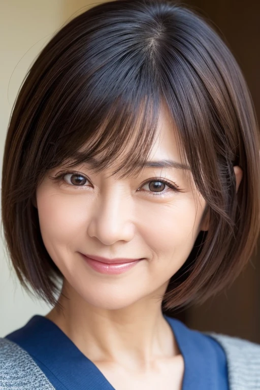 smile、Expression of joy、Japanese Mature、50 years old、Close-up photo of the face、short hair、Detailed face、Very beautiful、Detailed eyes、Well-formed face、