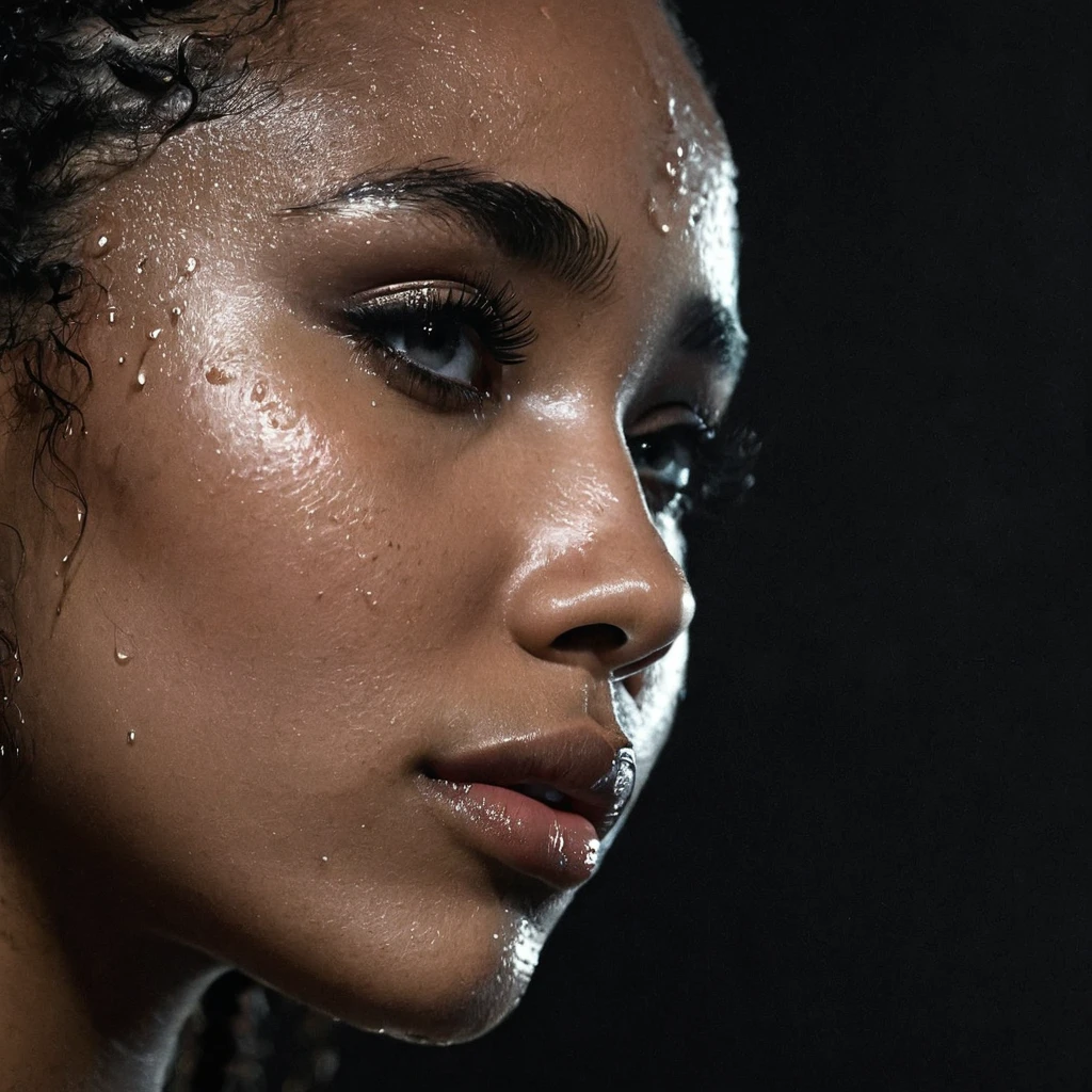 close up and zoomed in on a beautiful black girl with crying a single water teardrop running down her face and a black background, close up on side profile only showing cheek and eyelight falling on face, noir photorealism, mysterious portrait of a woman, chiaroscuro portrait, grainy black and white photo. close up on side profile, tinashe, zoe kravitz, zoomed in on tear drop, euphoria vibes, tears, crying