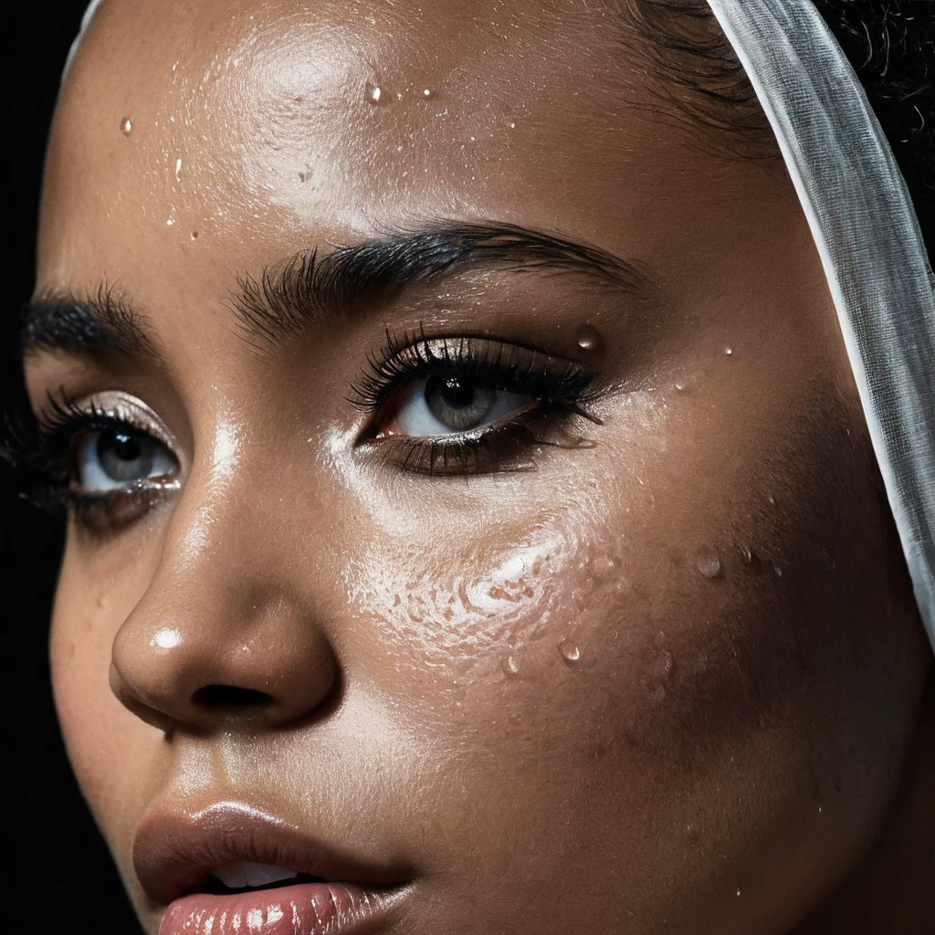 close up and zoomed in on a beautiful black girl with crying a single water teardrop running down her face and a black background, close up on side profile only showing cheek and eyelight falling on face, noir photorealism, mysterious portrait of a woman, chiaroscuro portrait, grainy black and white photo. close up on side profile, tinashe, zoe kravitz, zoomed in on tear drop, euphoria vibes, tears, crying