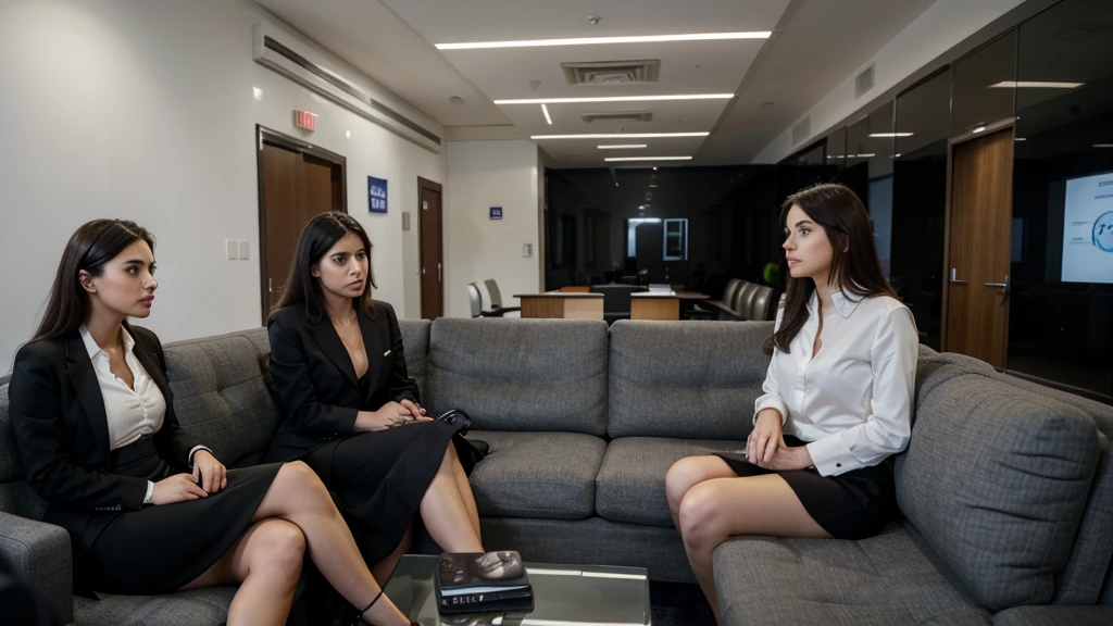 In a modern news agency, men and women, dressed formally, are sitting on sofas, discussing an issue