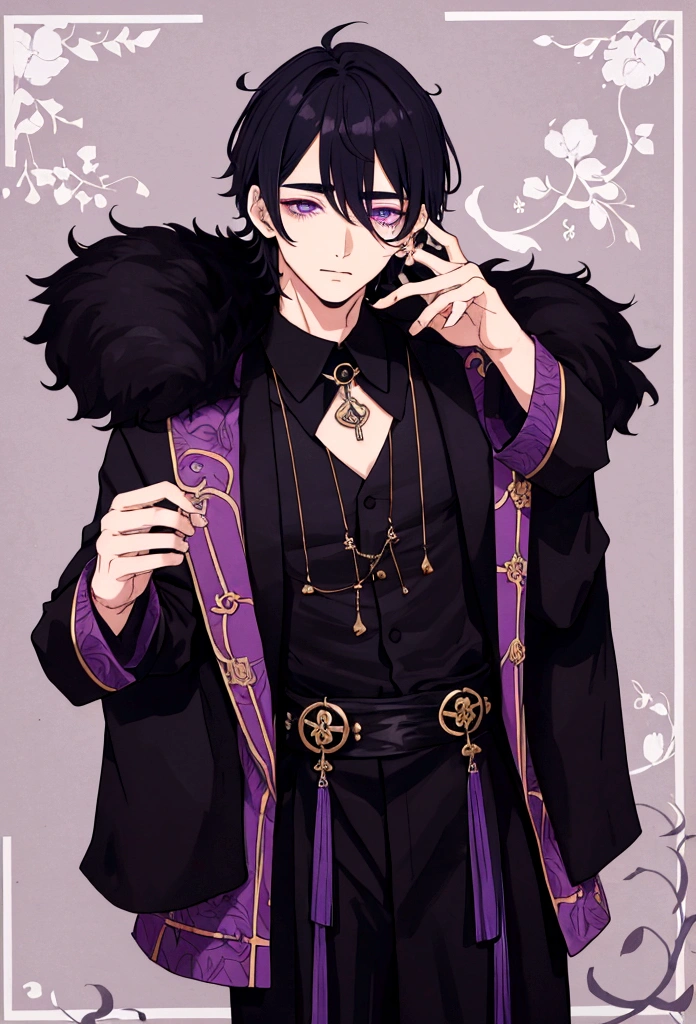 Chico de seXo mascullino de la edad de 12 años con el derecho color negro con una "X" color eye in the center and purple left eye, bluish black fur, kawaii shape dress