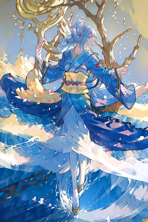 troubadour, have a pipa, on the sea, play the pipa, sing the requiem, wear the kimono