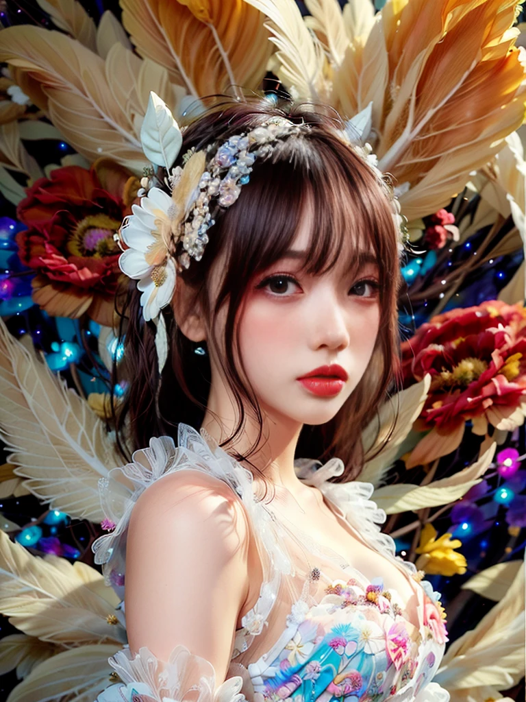 4K Ultra HD, masterpiece, girl, Nice face, Fine grain, Detailed lips, Flower fairy girl, Big Wings, Transparent feathers, Neon Light, (Galaxy Background:1.5), (Floral Dress:1.8), (White Dress:1.5), In heaven,