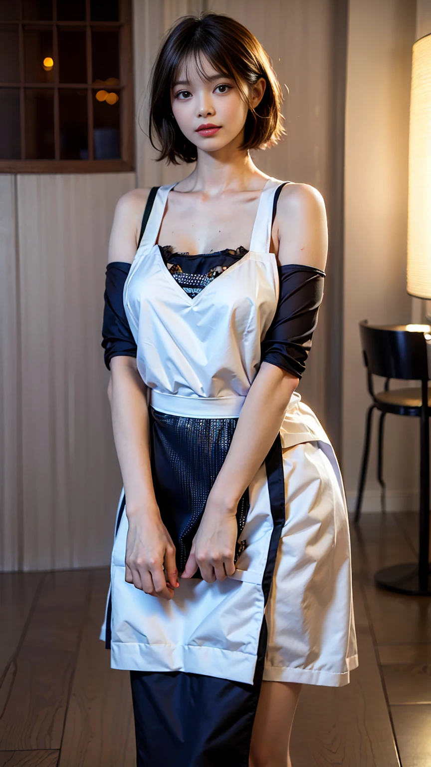 The most beautiful 25-year-old women, Exquisite body with large breasts, Tespero, Winking face with tongue out, (((Naked Apron))),((Maid style apron)), Lip details, Detailed eyes, double eyelid, Huge breasts, Dark brown short hair, Thighs Thighs, Are standing, (Photorealistic:1.4), (Best image quality:1.0), (Ultra-high resolution:1.0), 8K, RAW Photos, (masterpiece), Inside a maid cafe in Tokyo、Beautiful toes、(Detailed face、The Golden Ratio of Beauty)、A kind smile、Detailed lips、Detailed eyess、Short Bob Hair、Silver Hair、Pink mesh hair, coddle style, super cute face、Slim and beautiful body、Beautiful breasts、Shiny skin、