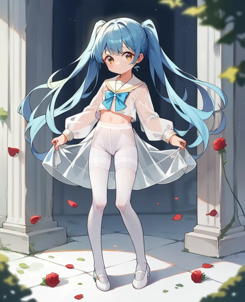 Masterpiece level, highest quality, little , white sailor suit, small leather shoes, double ponytail, seated, full body, ((cute), sexy, long blue hair, large, ultra-see-through, (thighband pantyhose, white pantyhose: 1.3), miniskirt, (textured skin, anatomically correct, masterpiece, UHD, ccurate, high details, super detail, high quality, best quality, highres, 1080P)),outdoors,(,Skin radiance,Skin quality:1.6)(14 y), (Loli), (Fair SkiBeautiful Girl: 1.5), (Skin Quality: 1.5), (Glossy Skin: 1.3), (Beautiful Girl), (Superb Body), Short Hair, (Straight Hair), (rose Hair), Hair with Beautiful Details, ((blurred))