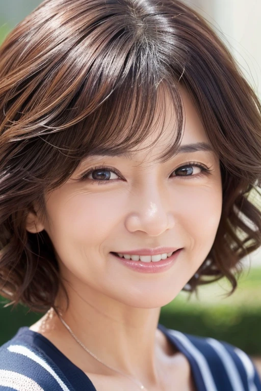 smile、Expression of joy、Japanese Mature、50 years old、Close-up photo of the face、short hair、Curly Hair、Detailed face、Very beautiful、Detailed eyes、Well-formed face、