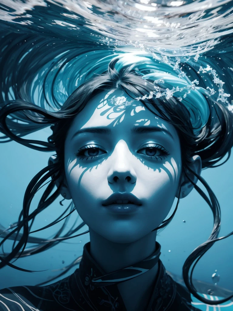 (best_quality, masterpiece:1.2), (detailed), (4k, 8k, uhd, high_resolution, highres), 1girl, 白いドレス flat color, abstract, ornate, blue theme A great collapsing ocean, shades of blue, feeling of depth, choppy water. It is possible to observe a face forming, c4nd1c3sw