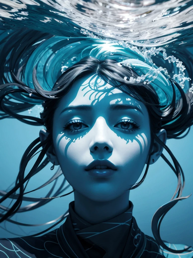 (best_quality, masterpiece:1.2), (detailed), (4k, 8k, uhd, high_resolution, highres), 1girl, 白いドレス flat color, abstract, ornate, blue theme A great collapsing ocean, shades of blue, feeling of depth, choppy water. It is possible to observe a face forming, c4nd1c3sw