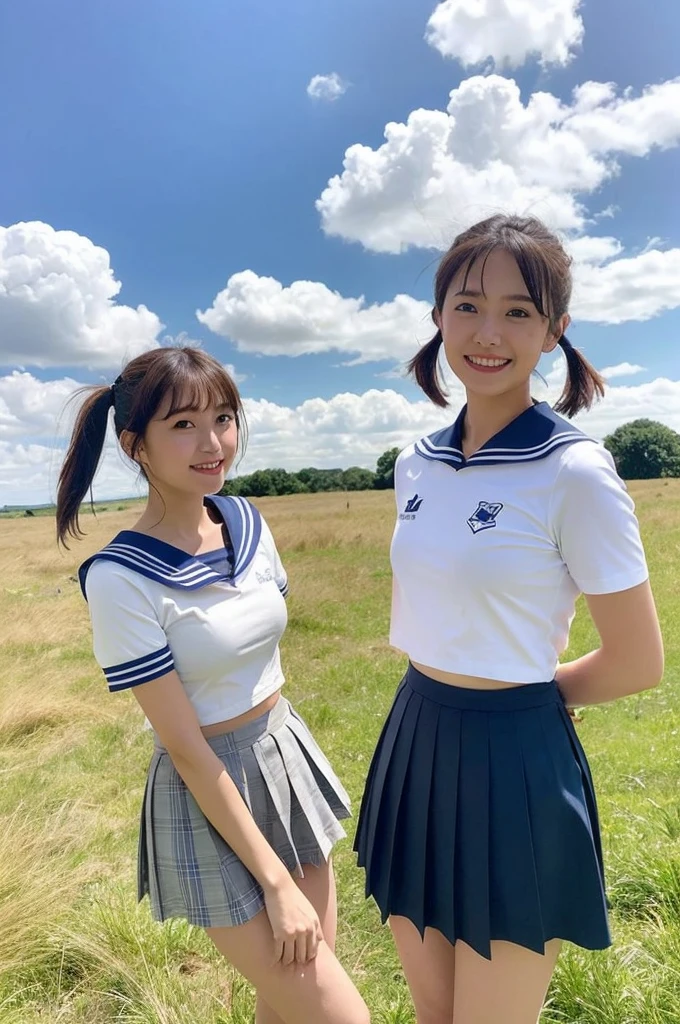 2 girls standing in windy rural field,large cumulonimbus cloud in summer blue sky,white sailor shirt,navy blue pleated skirt blowing up in wind,white panties,18-year-old,bangs,a little smile,thighs,knees,short hair with low pigtails bunches blowing in wind,from below,front light