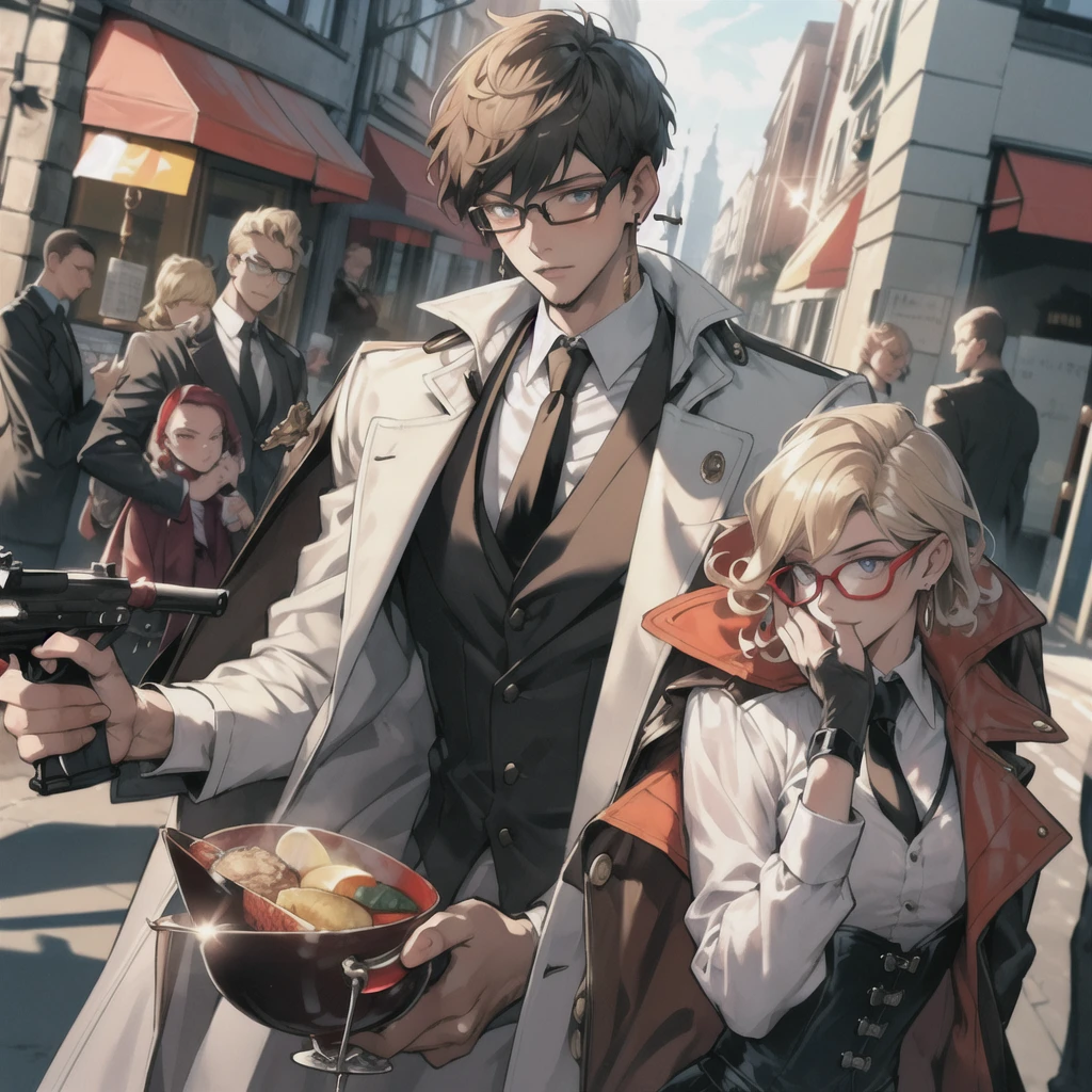 masterpiece, best quality, (1man:1.3), 25 years old, short hair, colored tips, curly hair, colored glasses, earrings, gun, tie, topless, corset, mafia style, handcuffs, wrap coat, street, from above, (dutch angle, fisheye), lens flare, depth of field, 