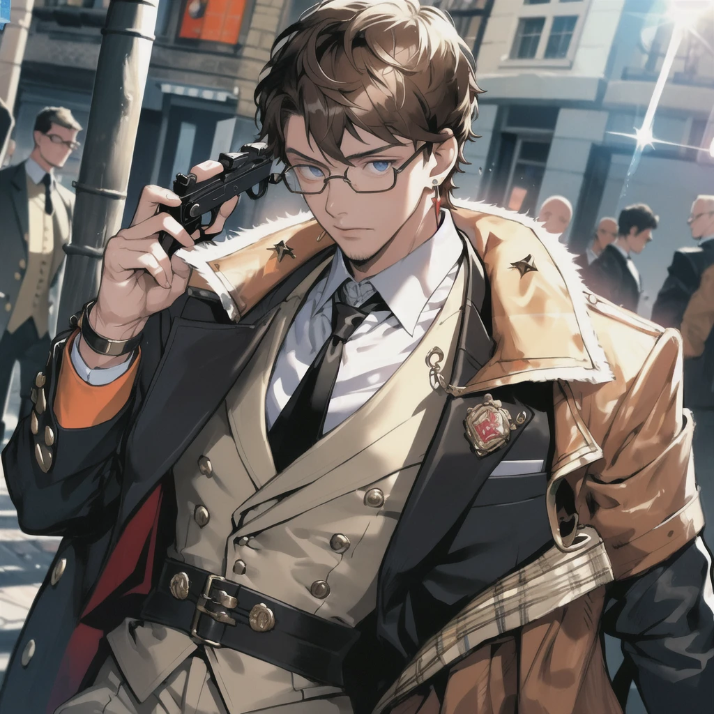 masterpiece, best quality, (1man:1.3), 25 years old, short hair, colored tips, curly hair, colored glasses, earrings, gun, tie, topless, corset, mafia style, handcuffs, wrap coat, street, from above, (dutch angle, fisheye), lens flare, depth of field,