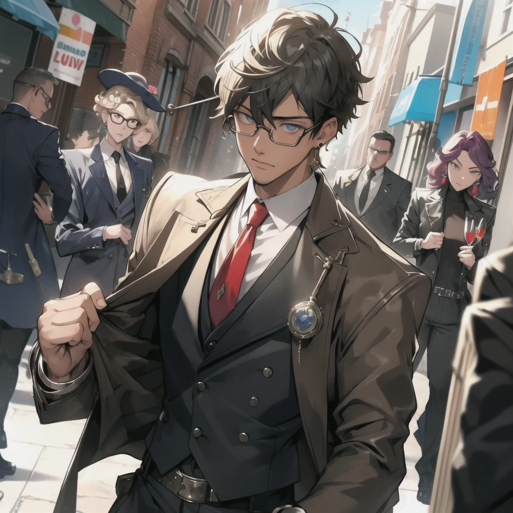 masterpiece, best quality, (1man:1.3), 25 years old, short hair, colored tips, curly hair, colored glasses, earrings, gun, tie, topless, corset, mafia style, handcuffs, wrap coat, street, from above, (dutch angle, fisheye), lens flare, depth of field, 