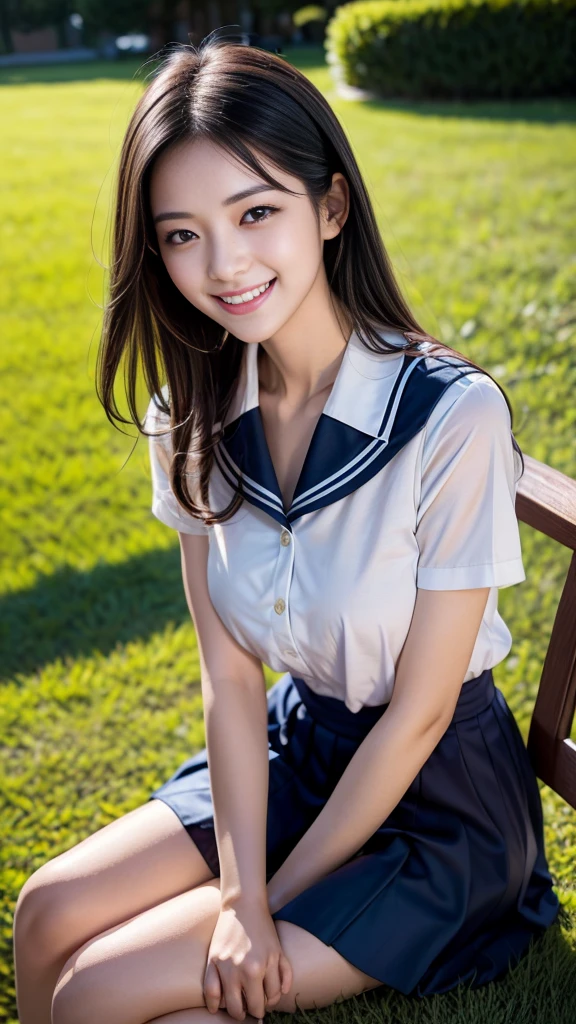 A scene of a black-haired woman wearing a sailor uniform sitting on the grass on a sunny day with a big smile