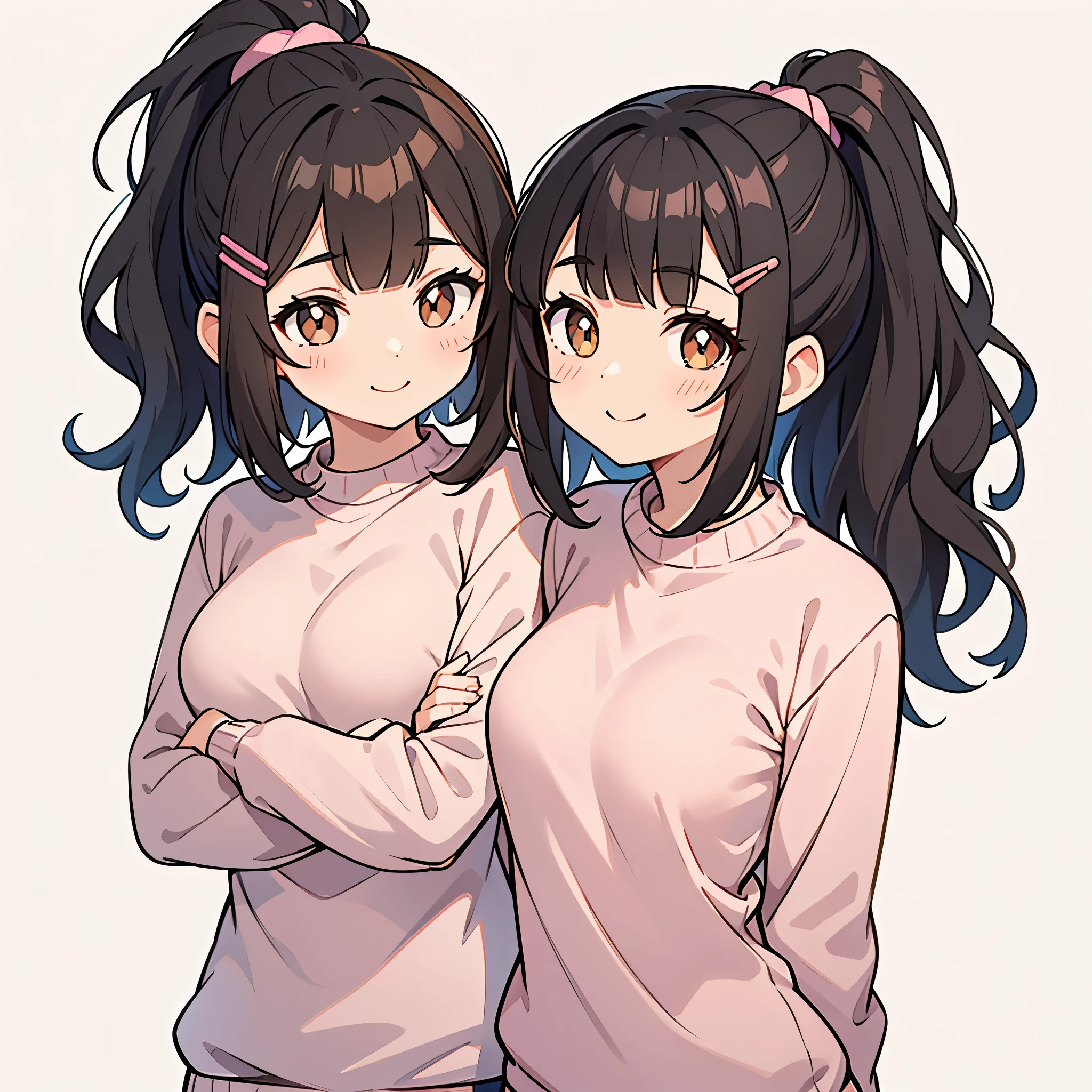 1girl, solo, upperbody, black hair, long hair, wavy hair, blunt bangs, ponytail, medium hair, hairclip, brown eyes, detailed pupils, looking at the viewer, smiling, closed mouth, medium breasts, light pink sweatshirt, detailed, cute, add-detail, simple background, white background, arms behind the back, standing