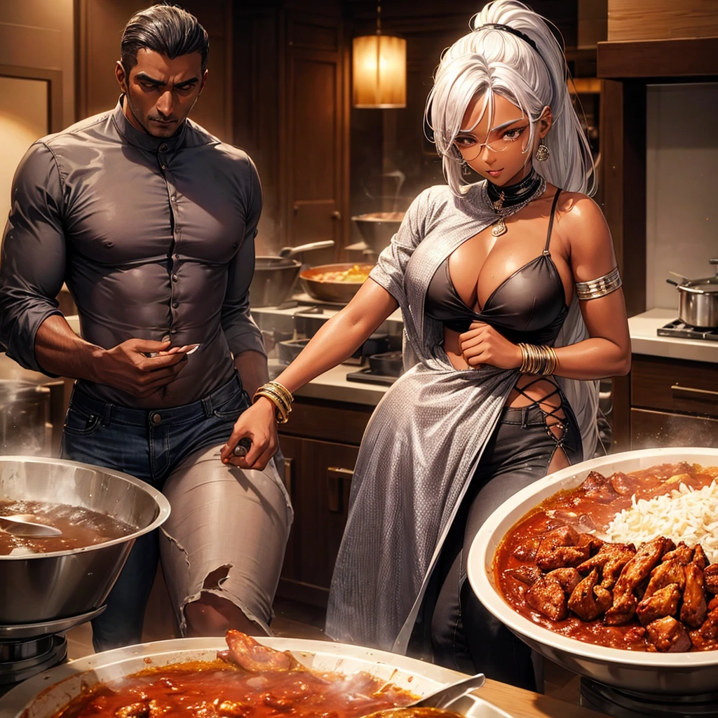 A dark-skinned woman with silver hair in a ponytail, Wearing a black dress shirt and slim jeans, Making spices.　Showing your belly button　Indian traditional clothing　Tandoori kettle　Tandoori Chicken