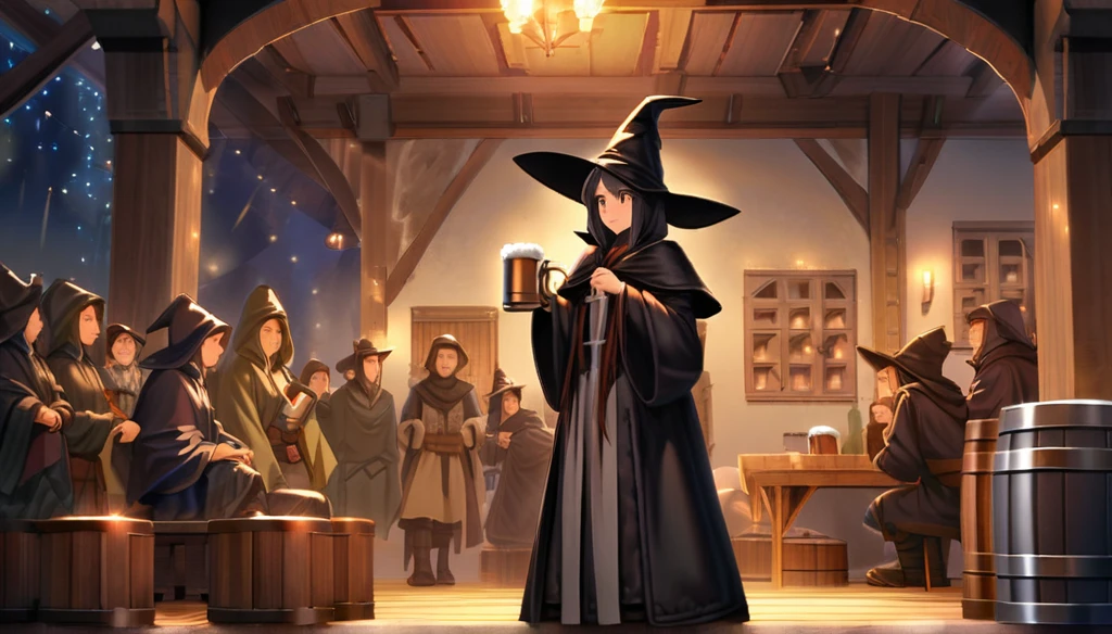 ((Final Fantasy Tactics based, anime Infinite Status art, 4k, epic quality, Surrealist Dreamy, detailed texture)). The theme is festive.  It's night.  The setting is a large old medieval tavern, well detailed, wooden furniture, wooden walls with chandeliers completely illuminating the scene, some windows, wooden floors, there are several people(men and women, from several different Final Fantasy Tactics classes, partying and drinking a lot of beer, they are drunk) around the scene. The focus of the scene is a wizard(in the center of the scene, bald, handsome face and smiling like a drunk, black beard slightly gray, white skin, brown eyes, strong and short in stature, he wears a pointy wizard's hat and legendary wizard's clothes, he is drinking beer from a mug using his left hand, he is partying with the others).  The atmosphere is happy and magical.  complete view of the scenario.