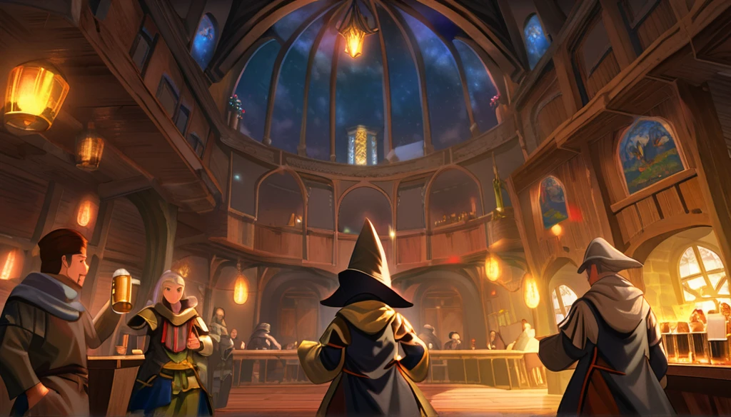 ((Final Fantasy Tactics based, anime Infinite Status art, 4k, epic quality, Surrealist Dreamy, detailed texture)). The theme is festive. It's night. The setting is a large old medieval tavern, well detailed, wooden furniture, wooden walls with chandeliers completely illuminating the scene, some windows, wooden floors, there are several people(men and women, from several different Final Fantasy Tactics classes, partying and drinking a lot of beer, they are drunk) around the scene. The focus of the scene is a wizard(in the center of the scene, bald, handsome face and smiling like a drunk, black beard slightly gray, white skin, brown eyes, strong and short in stature, he wears a pointy wizard's hat and legendary wizard's clothes, he is drinking beer from a mug using his left hand, he is partying with the others). The atmosphere is happy and magical. complete view of the scenario.