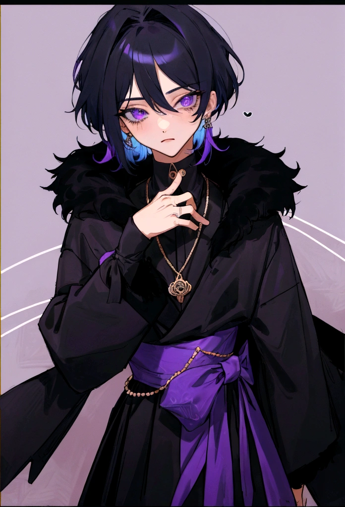 Chico de seXo mascullino de la edad de 12 años con el derecho color negro con una "X" color eye in the center and purple left eye, bluish black fur, dressed in male kawaii style