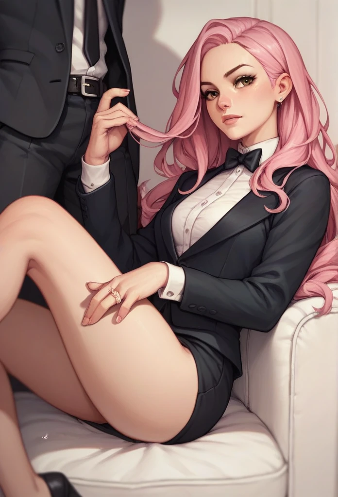 guy, pink hair, brown eyes, long hair, black tuxedo, black suit