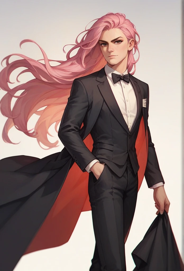 guy, pink hair, brown eyes, long hair, black tuxedo, black suit