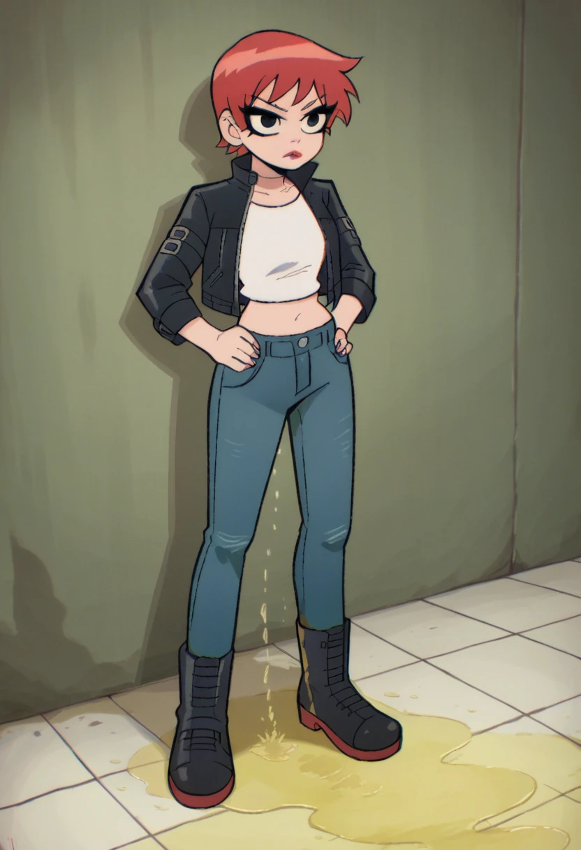 ((1girl, solo)), pixie cut, red hair, short hair, blue eyes, red lipstick, hands on hips, standing, full body, black leather jacket, white crop top, blue jeans, black boots, ((wetting self, pee stains, yellow puddle))