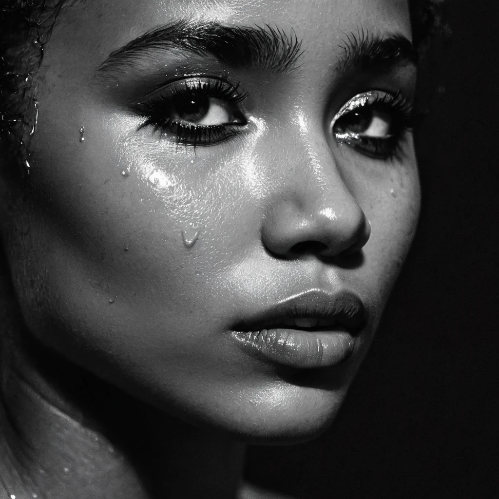close up and zoomed in on a beautiful black girl with crying a single teardrop running down her face and a black background, close up on side profile only showing cheek and eyelight falling on face, noir photorealism, mysterious portrait of a woman, chiaroscuro portrait, grainy black and white photo. close up on side profile, tinashe, zoe kravitz, zoomed in on tear drop, euphoria vibes, tears, crying