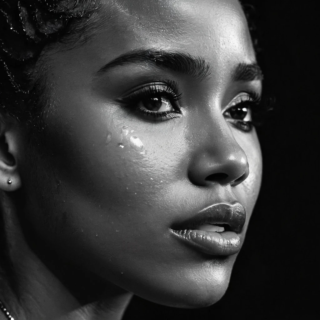 close up and zoomed in on a beautiful black girl with crying a single teardrop running down her face and a black background, close up on side profile only showing cheek and eyelight falling on face, noir photorealism, mysterious portrait of a woman, chiaroscuro portrait, grainy black and white photo. close up on side profile, tinashe, zoe kravitz, zoomed in on tear drop, euphoria vibes, tears, crying