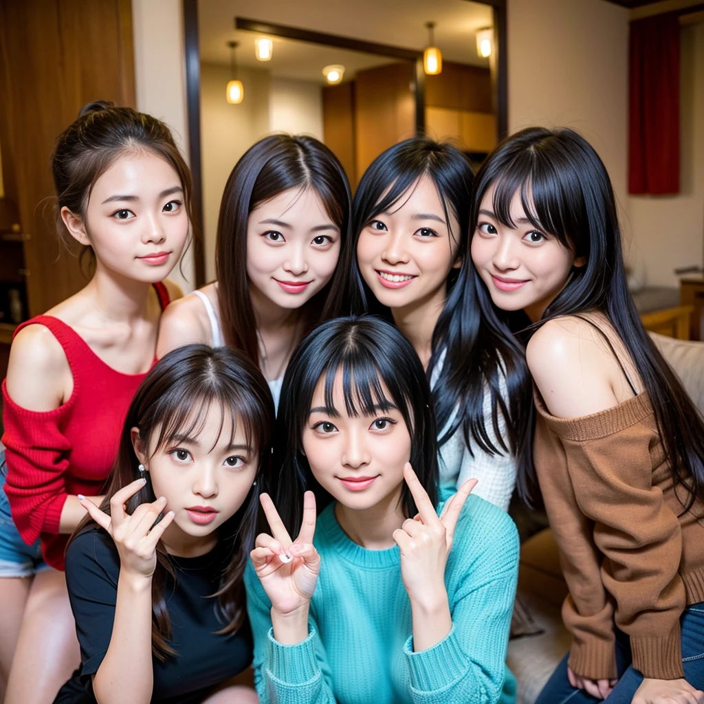 Highest quality, masterpiece, Ultra-high resolution, (Realistic:1.4), Raw photo, Very detailed, Perfect Anatomy, (Three Girls), The most popular Japanese idols at 18, Most popular Japanese actresses at 38 years old, The most popular Japanese model at 28 years old, (Everyone is having fun at a house party), All-sitting luxury sofa, Variety of faces, Very cute face like the most popular Japanese idol, Very beautiful face like the most popular Japanese actress, Very cute face like the most popular Japanese models, Very beautiful eyes, Everything is so beautiful、The hair colour is also different, All of the skins are very beautiful, Everyone is wearing winter clothes