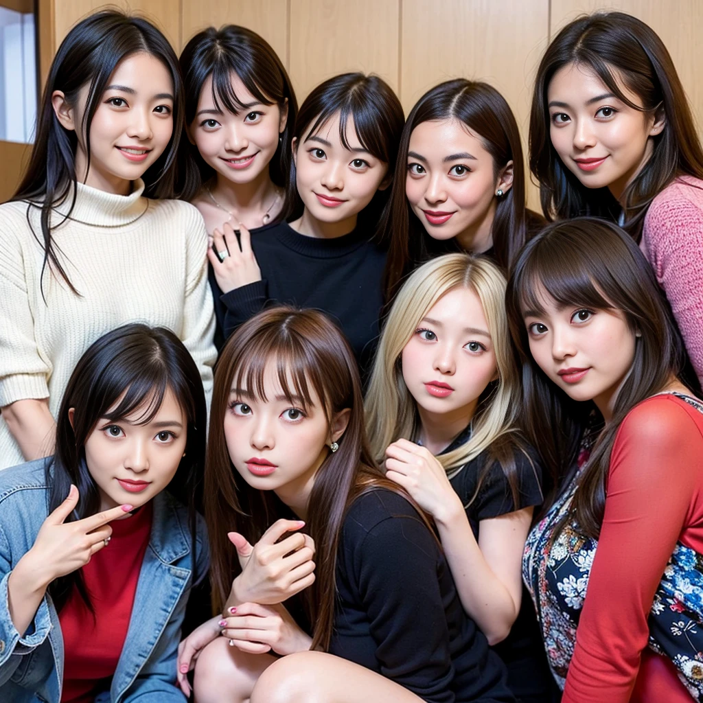 Highest quality, masterpiece, Ultra-high resolution, (Realistic:1.4), Raw photo, Very detailed, Perfect Anatomy, (Three Girls), The most popular Japanese idols at 18, Most popular Japanese actresses at 38 years old, The most popular Japanese model at 28 years old, (Everyone is having fun at a house ), All-sitting luxury sofa, Variety of faces, Very cute face like the most popular Japanese idol, Very beautiful face like the most popular Japanese actress, Very cute face like the most popular Japanese models, Very beautiful eyes, Everything is so beautiful、The hair colour is also different, All of the skins are very beautiful, Everyone is wearing winter clothes