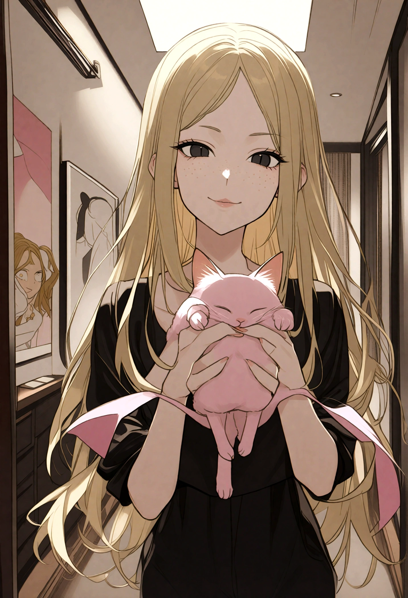 (((32k))),(((of the highest quality)) , woman with long straight blonde hair, black eyes, freckles on the cheeks, Nose piercing, slender body, pompous lips, Wearing a black triangular crop top with pink details, black pajama pants, cat in her hands, smiling, room in the background.