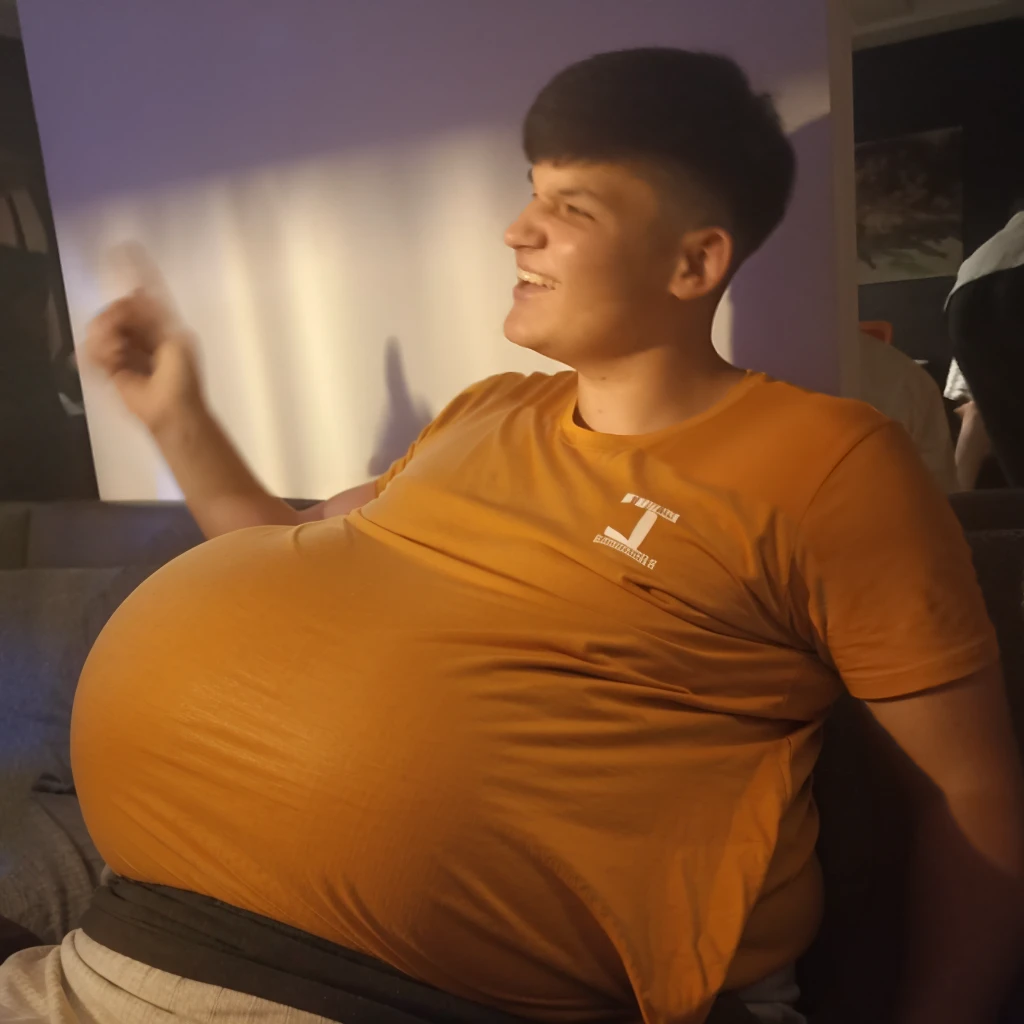 fat man with huge belly and huge fat breasts, wearing a t-shirt