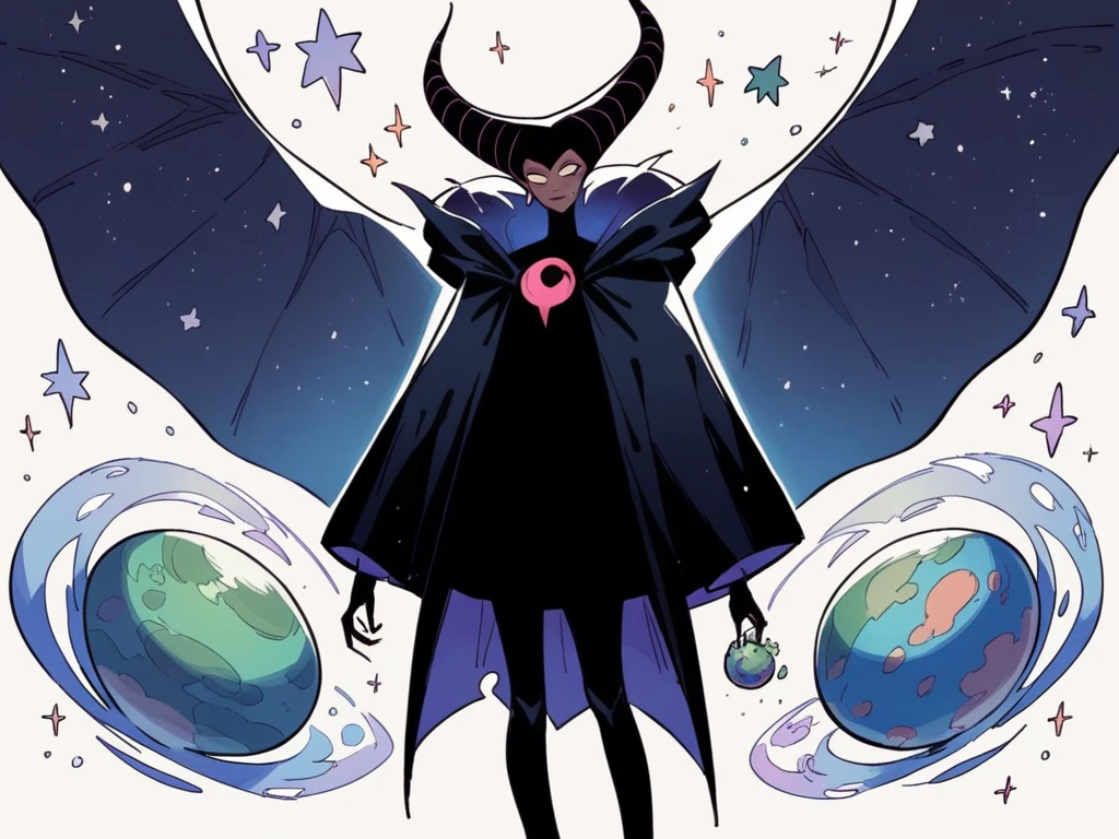 Manga cover Entity cosmic woman stars maleficent nebula dark cloak dark skin giant dark dress white details holding a planet Earth universe title multiverse volume 1 Assunção