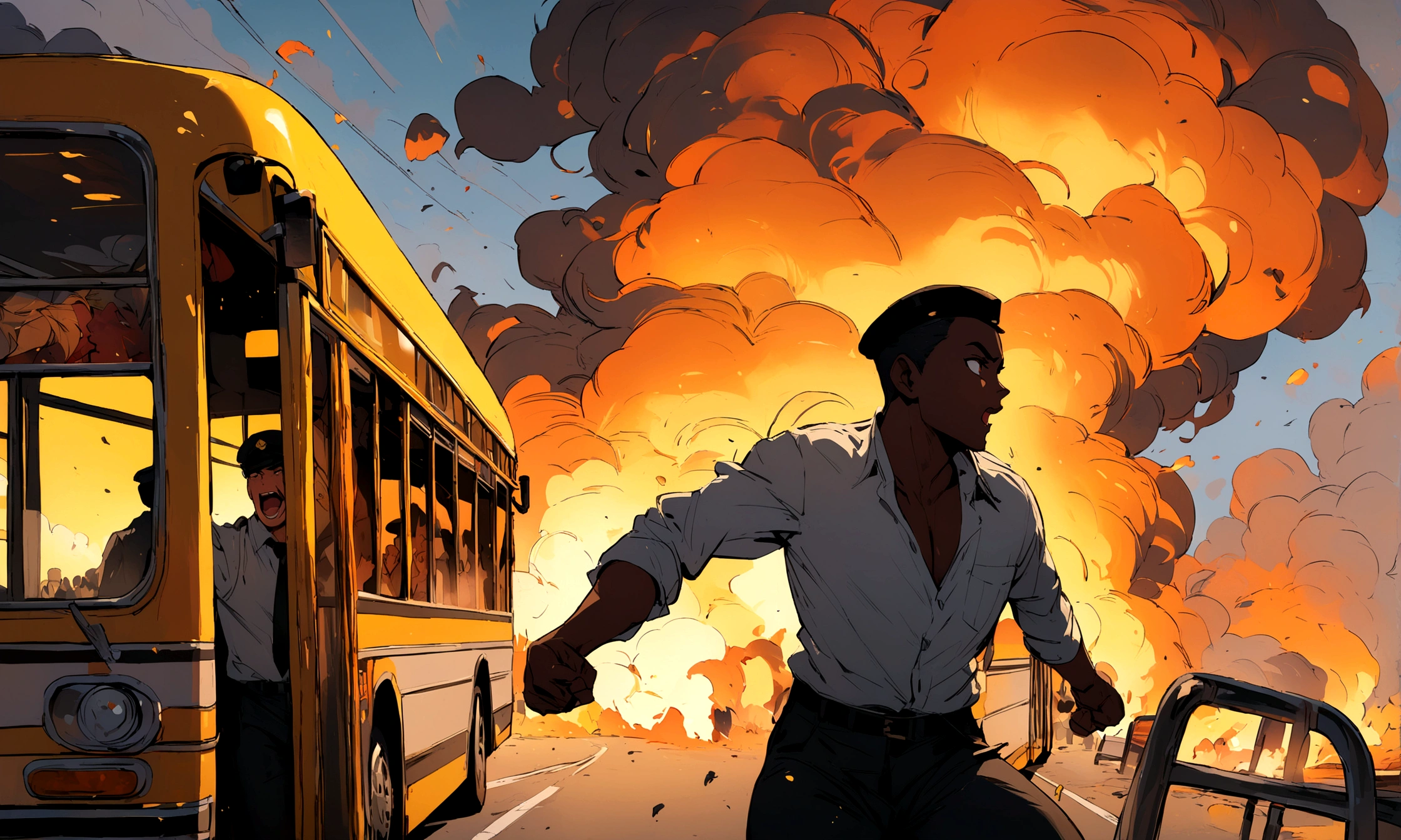 masterpiece, one black woman and one white male bus driver fighting on a bus on fire