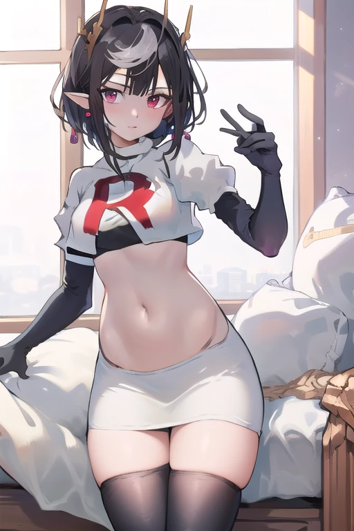 masterpiece, best quality, high quality, absurdres, intricate details, 8k, nice hands, perfect hands, 
1girl, solo, maouariel, looking at viewer, jewelry, team rocket,team rocket uniform,white skirt,red letter R,crop top,black thigh-highs,black elbow gloves
 