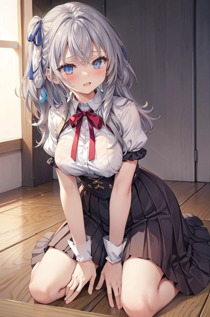 solo girl, in bed, long hair, silver hair and  blue eyes, light shirt and no bra, anime visual of a cute girl, screenshot from the anime film, & her expression is solemn, in the anime film, in an anime, anime visual of a young woman, she has a cute expressive face, still from anime, big breast, red cheek, lustful face, fair skin