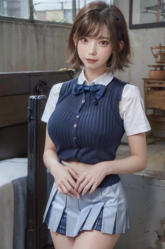 masterpiece, Highest quality, 1 person,( Are standing, View your viewers),Detailed Background、A person who writes in detail、Accurate human body、Knowledgeable person、Accurate 5 fingers, (woman,large breasts,Curvy body,alone, short hair, black hair ,crop,kunoichi),((pussy juice))、Big Breasts,((fine fabric texture, Brown knitted vest, short sleeve white collar shirt, navy pleated skirt, Navy bow tie)), (beautiful scenery), evening, (Inside the flower shop), Are standing, (smile, Upper grade, open your mouth), (((skirt lift, I can see your panties)))