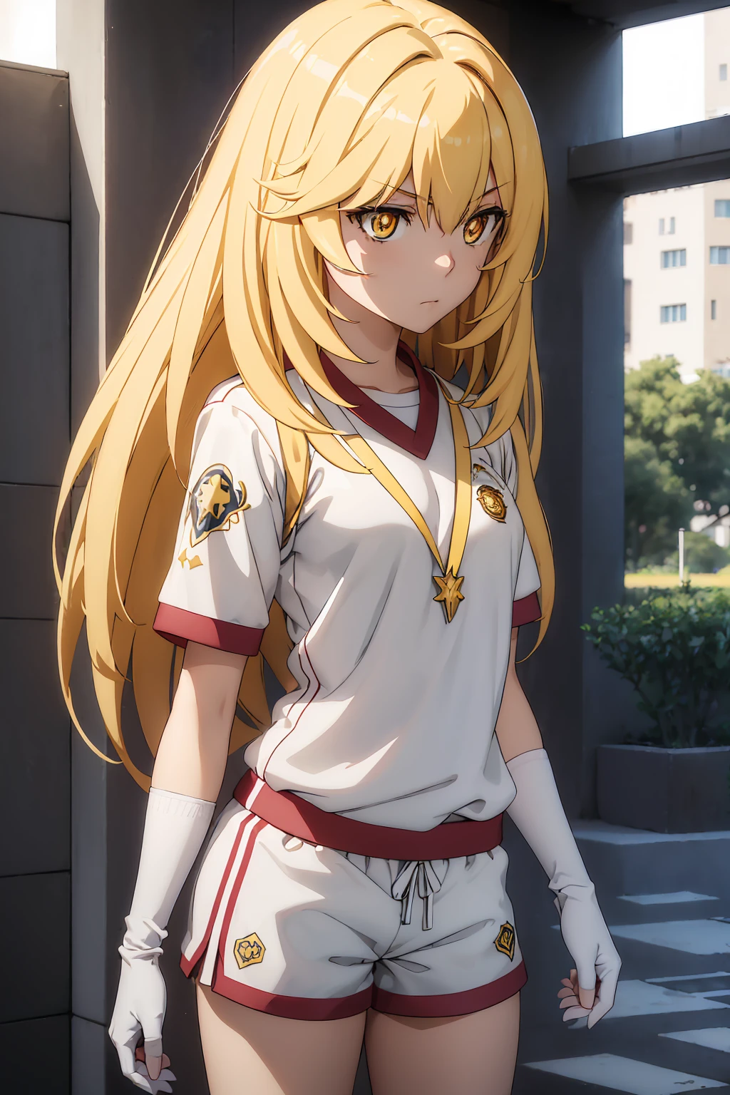 misakishokuhou, misaki shokuhou, Blonde, Hair between the eyes, Long Hair, (Symbol-shaped pupil:1.5), + +, (Yellow Eyes:1.5), (Medium chest:1.2),
break bare shoulders, gloves, gym shirt, gym Shorts, Gym suit, shirt, short Shorts, Shorts, No sleeve, No sleeve shirt, Knee socks, tokiwadai school Gym suit, white gloves, white shirt, white Shorts, white Knee socks,
break outdoor, city, null, sun, cloud,
break looking at viewer, (Cowboy Shot:1.5),
break (masterpiece:1.2), Highest quality, High resolution, unity 8k wallpaper, (figure:0.8), (Beautiful attention to detail:1.6), Highly detailed face, Perfect lighting, Highly detailed CG, (Perfect hands, Perfect Anatomy),