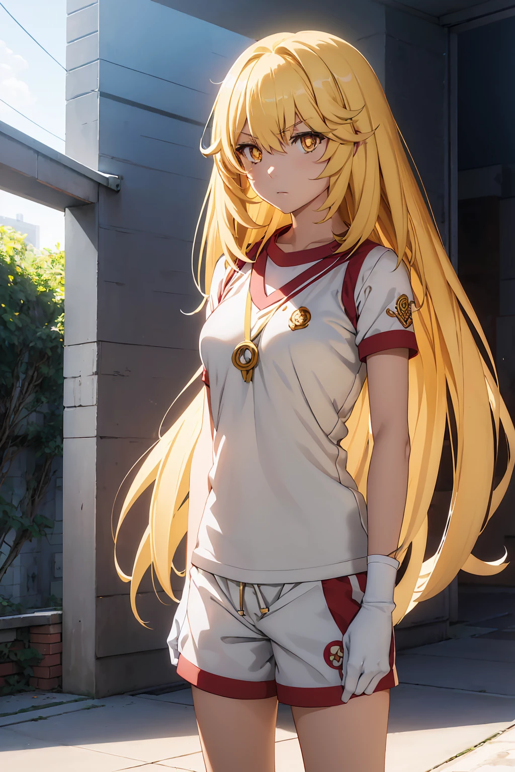 misakishokuhou, misaki shokuhou, Blonde, Hair between the eyes, Long Hair, (Symbol-shaped pupil:1.5), + +, (Yellow Eyes:1.5), (Medium chest:1.2),
break bare shoulders, gloves, gym shirt, gym Shorts, Gym suit, shirt, short Shorts, Shorts, No sleeve, No sleeve shirt, Knee socks, tokiwadai school Gym suit, white gloves, white shirt, white Shorts, white Knee socks,
break outdoor, city, null, sun, cloud,
break looking at viewer, (Cowboy Shot:1.5),
break (masterpiece:1.2), Highest quality, High resolution, unity 8k wallpaper, (figure:0.8), (Beautiful attention to detail:1.6), Highly detailed face, Perfect lighting, Highly detailed CG, (Perfect hands, Perfect Anatomy),