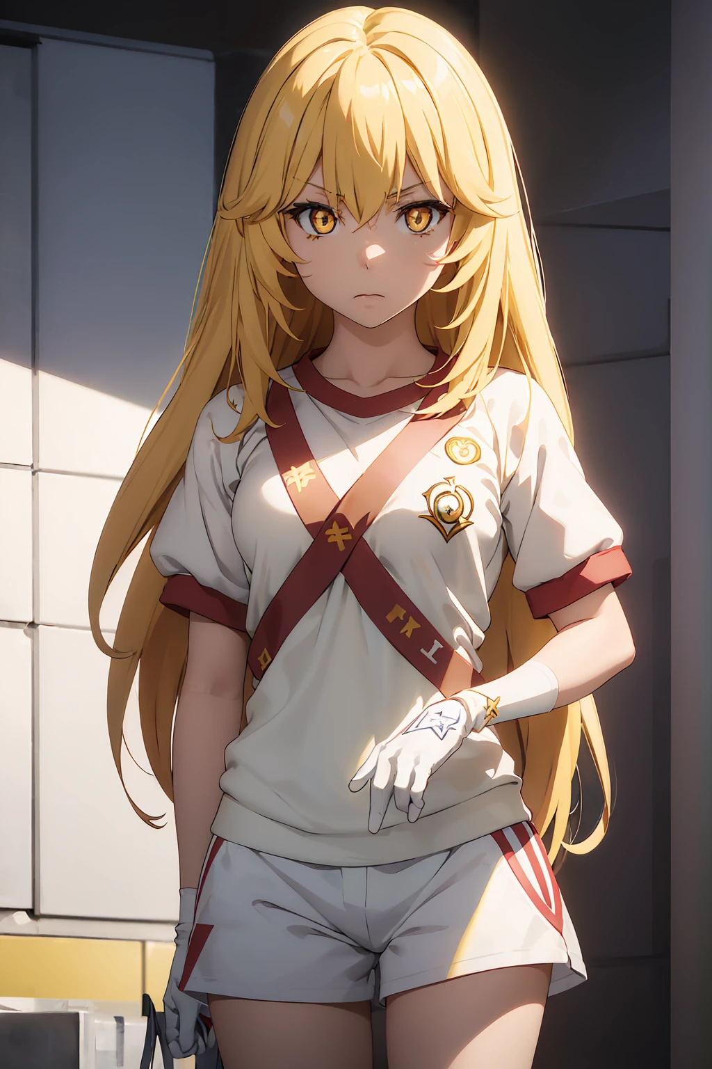 misakishokuhou, misaki shokuhou, Blonde, Hair between the eyes, Long Hair, (Symbol-shaped pupil:1.5), + +, (Yellow Eyes:1.5), (Medium chest:1.2),
break bare shoulders, gloves, gym shirt, gym Shorts, Gym suit, shirt, short Shorts, Shorts, No sleeve, No sleeve shirt, Knee socks, tokiwadai school Gym suit, white gloves, white shirt, white Shorts, white Knee socks,
break outdoor, city, null, sun, cloud,
break looking at viewer, (Cowboy Shot:1.5),
break (masterpiece:1.2), Highest quality, High resolution, unity 8k wallpaper, (figure:0.8), (Beautiful attention to detail:1.6), Highly detailed face, Perfect lighting, Highly detailed CG, (Perfect hands, Perfect Anatomy),