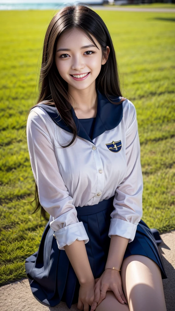 A scene of a black-haired woman wearing a sailor uniform sitting on the grass on a sunny day with a big smile